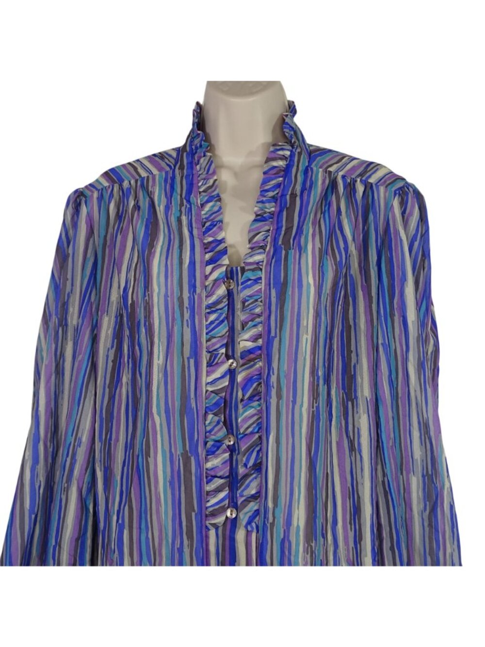 Vintage 80s Teddi Of California Multicolor Stripe Ruffle Blouse Size 18 Office - Picture 3 of 11